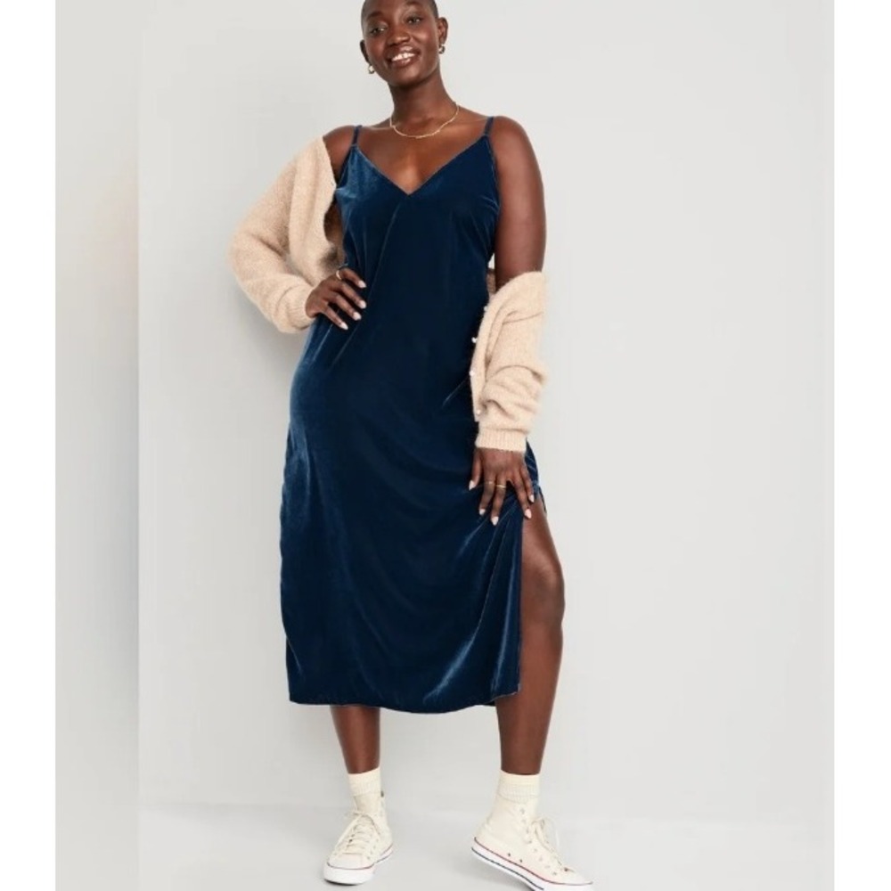 Old Navy Blue Velvet Midi Maxi V-Neck Slip Dress XXL Smocked Whimsigoth Fairy